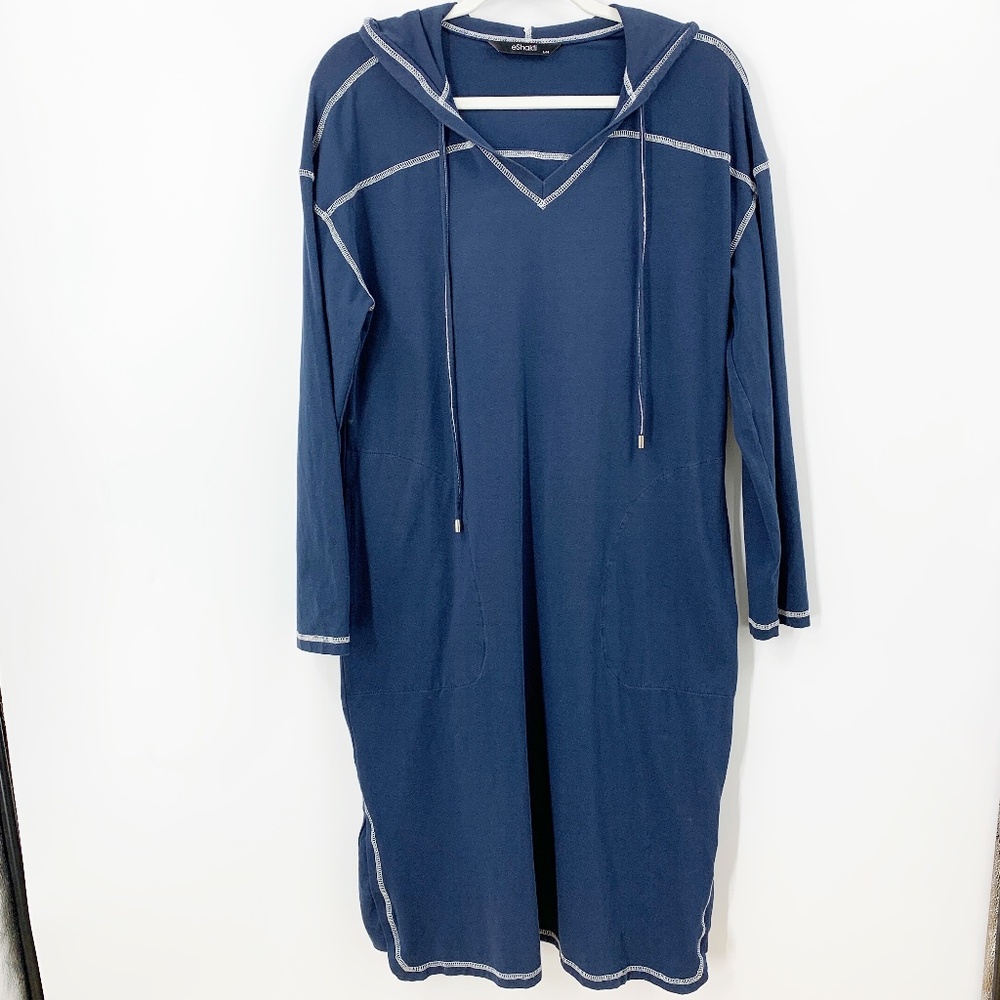 eSHAKTI Hooded Jersey Knit Maxi Dress in Navy Sz L